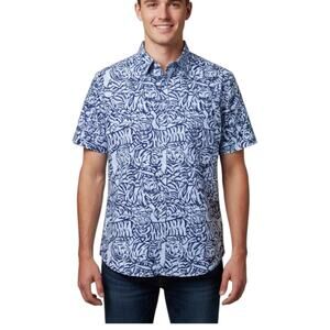 Three Islands Hawaiian Shirt Mens XL Blue Tigers Tropical Cotton Button Up